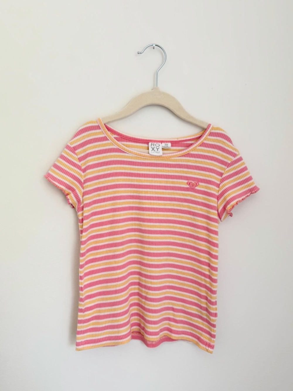 Roxy Girls' Y2K Pink & Yellow Striped Ribbed Tee (Size 7/8)